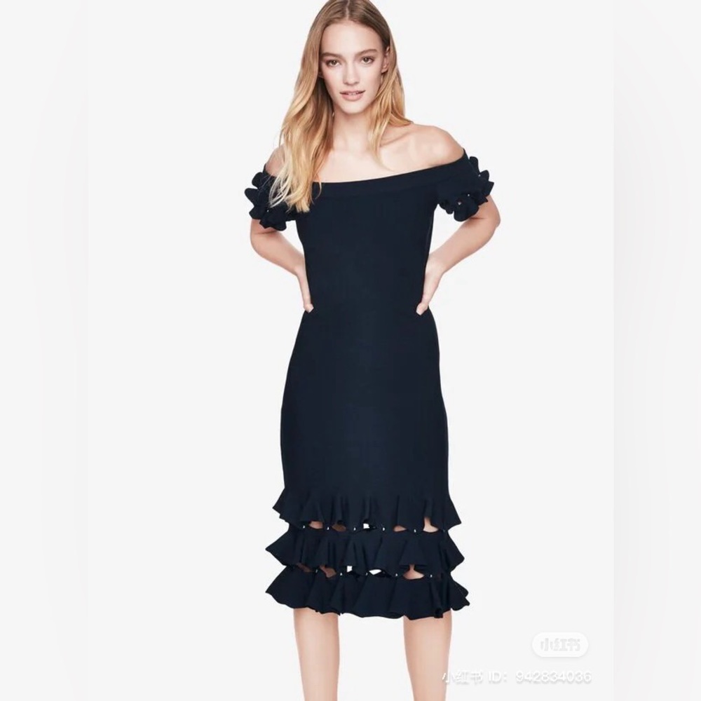 JONATHAN SIMKHAI Black Off-the-Shoulder Tiered Ruffle Knit Dress Pearl Accents